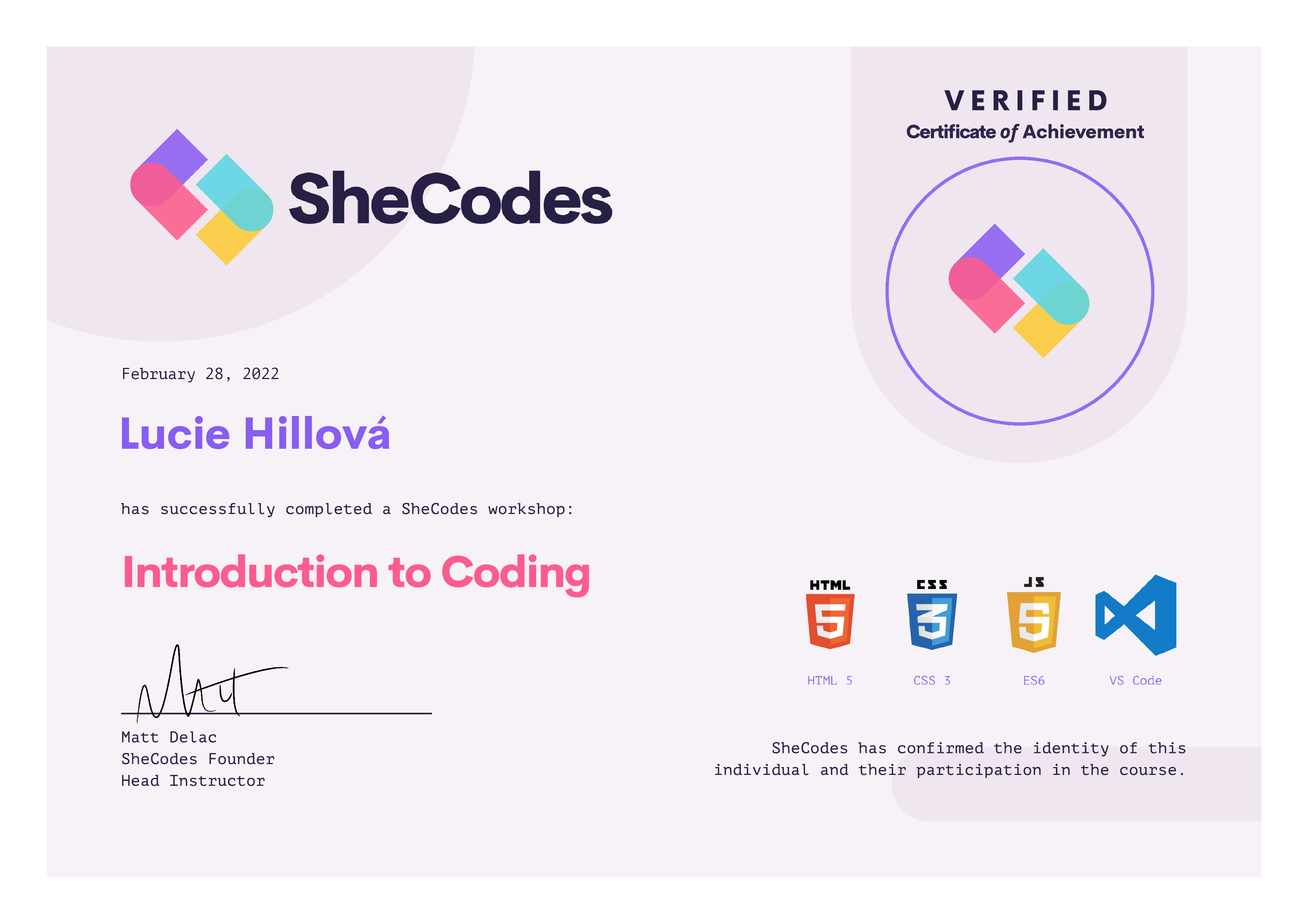 SheCodes certificate Introduction to Coding